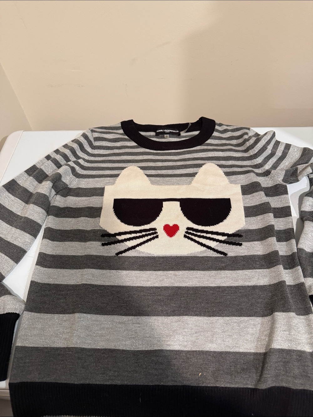 Karl Lagerfeld Striped Crewneck Sweater in Black and Gray
